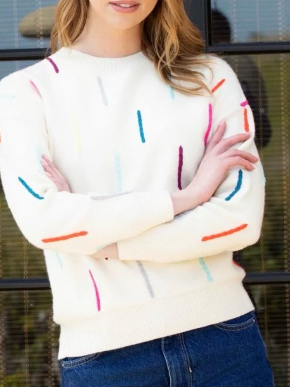 THML Cream Crewneck Sweater with Multicolor Stitch Accents